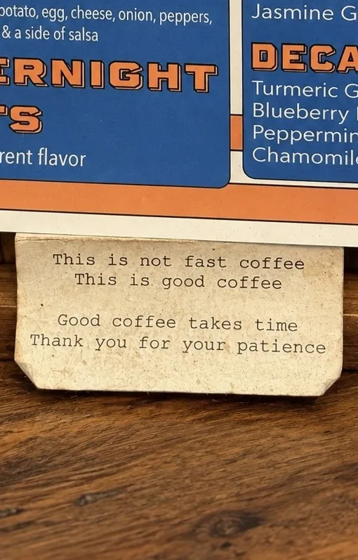 A typed note on a coffee counter beneath the menu: This is not fast coffee. This is good coffee. Good coffee takes time. Thank you for your patience.