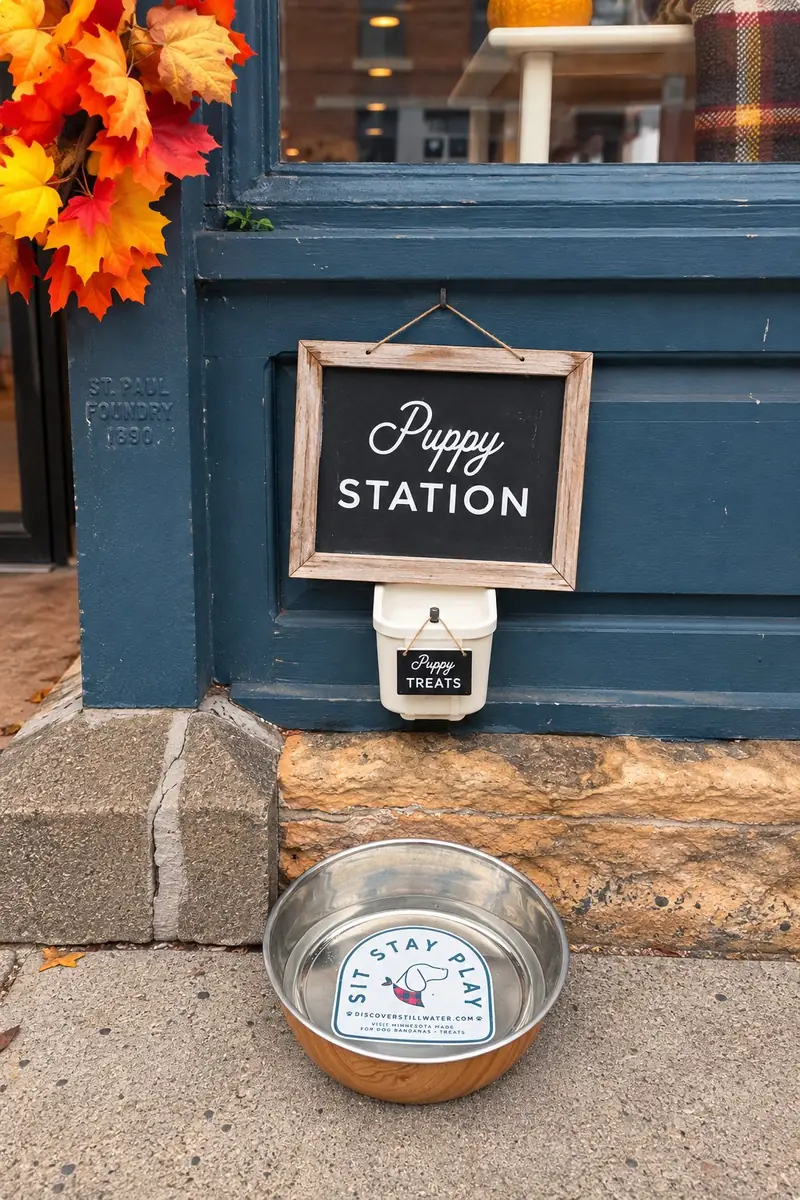 A small Puppy Station chalkboard with a treat bin above a water bowl outside a shop window.