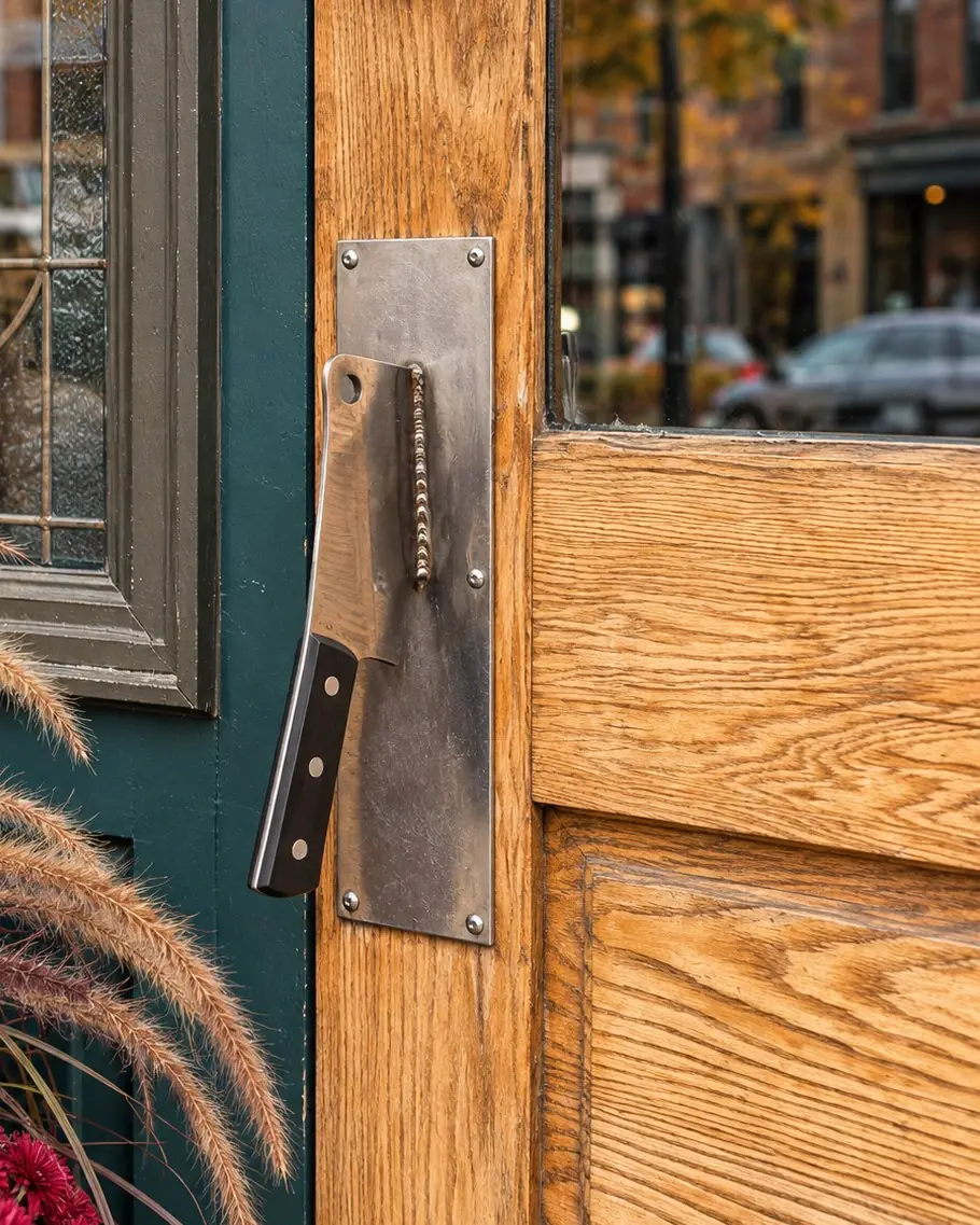 A restaurant door whose pull handle is a cleaver welded to a steel plate, on a warm oak door.